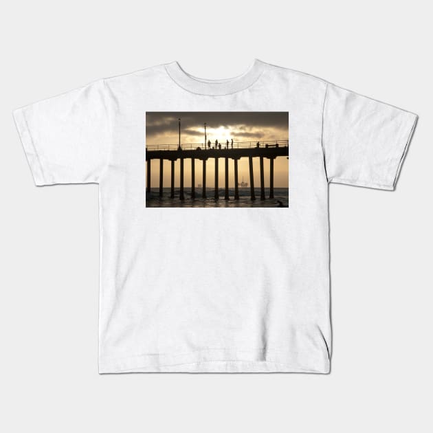 Huntington Beach Pier and Oil Rigs Kids T-Shirt by RichardGibb